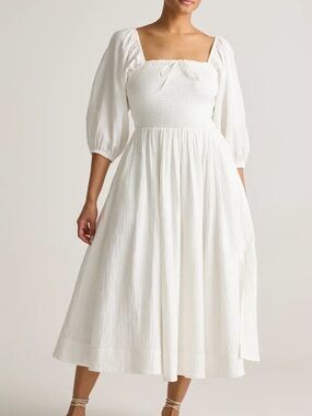 Quince White Smocked Cotton Gauze Midi Dress with 3/4 Puff Sleeves. NWT